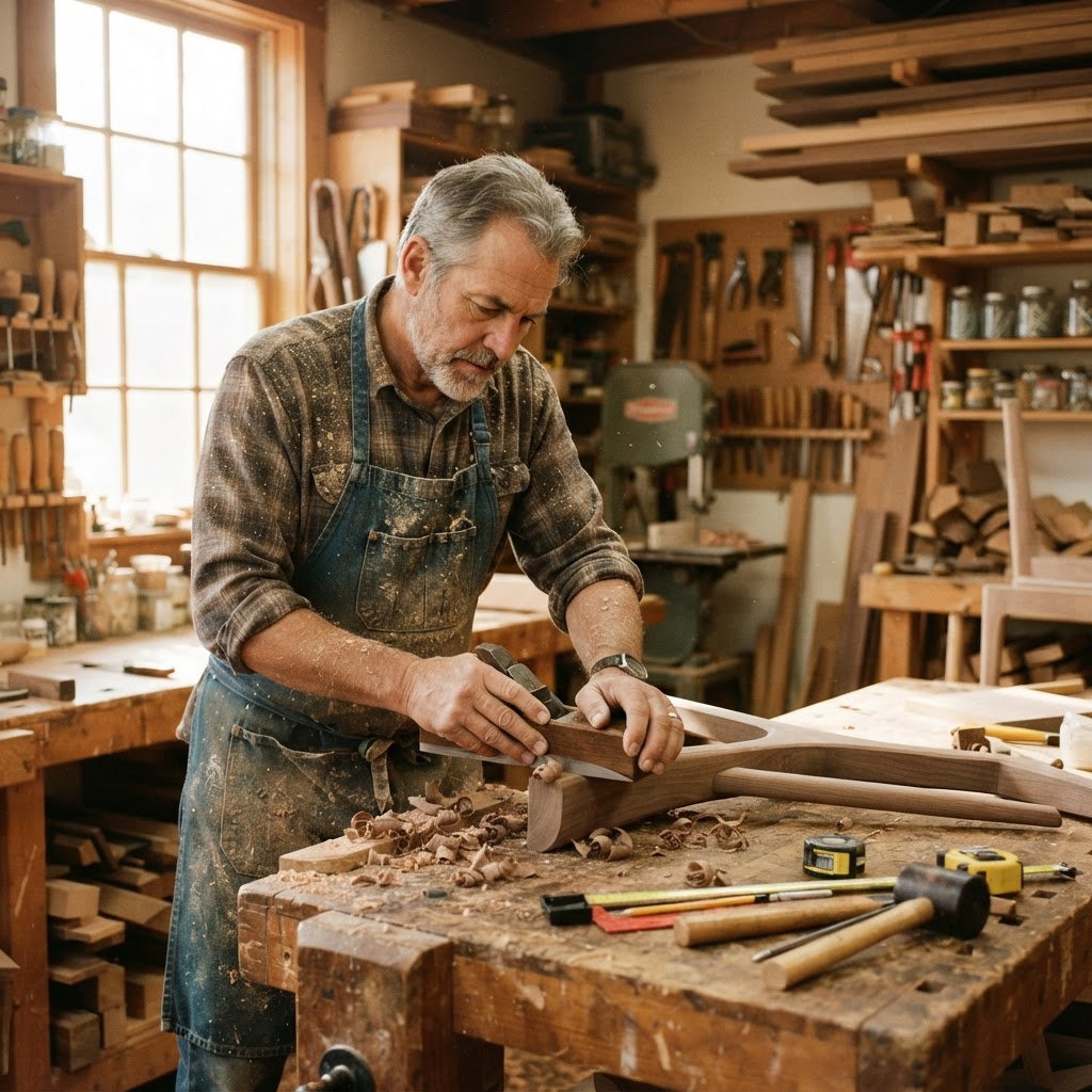 Artisan shaping wood in a warm sunlit furniture workshop
