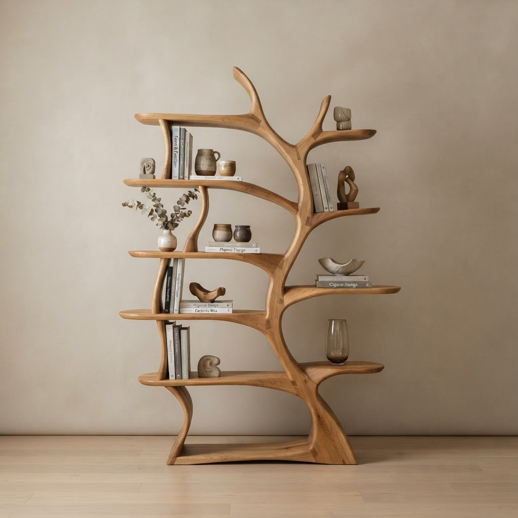 Sculptural oak bookshelf with asymmetric organic shelves